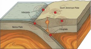 Diagrama de terremotos intraplaca e interplaca en zona de subducción