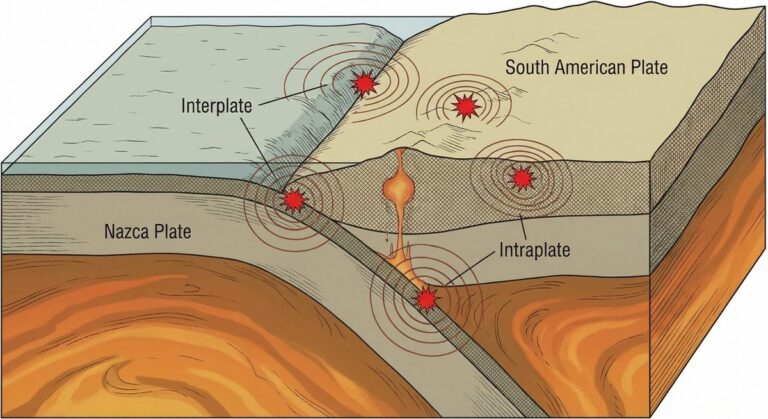 Diagrama de terremotos intraplaca e interplaca en zona de subducción