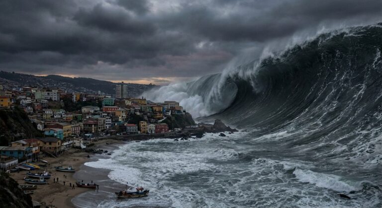 Ola de tsunami acercándose a la costa chilena
