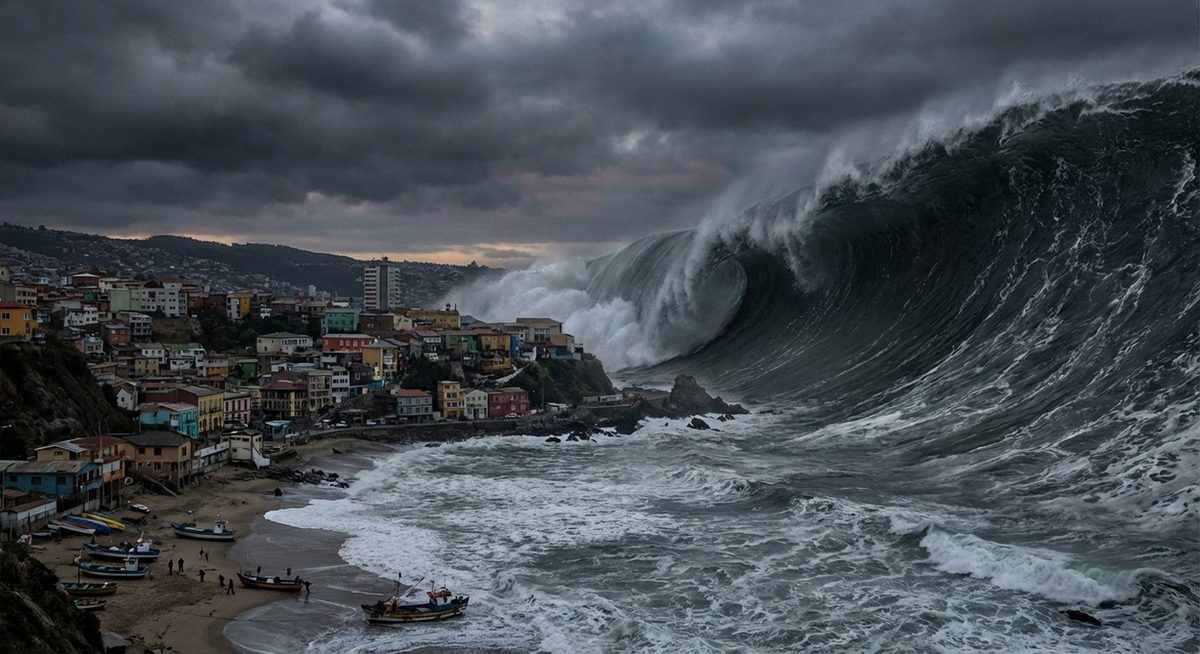 Ola de tsunami acercándose a la costa chilena